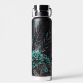 Zwart & Blauwgroen Veren en bloemen Waterfles (Achterkant)