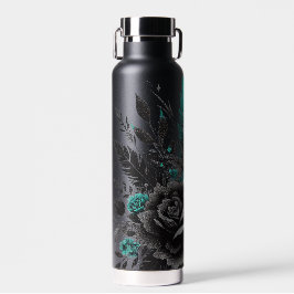 Zwart & Blauwgroen Veren en bloemen Waterfles