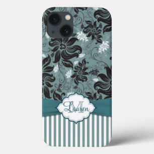 Zwart, blauwgroen, wit bloemmonogram Case-Mate iPhone case
