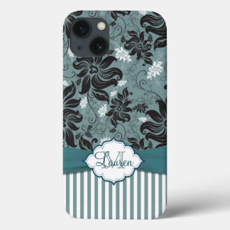 Zwart, blauwgroen, wit bloemmonogram Case-Mate iPhone case