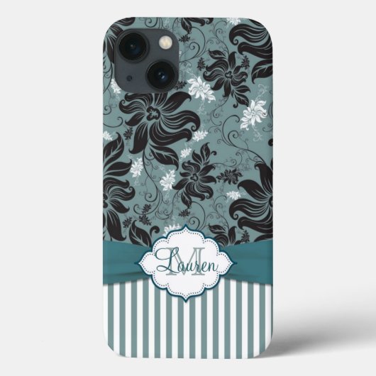 Zwart, blauwgroen, wit bloemmonogram Case-Mate iPhone case (Achterkant)