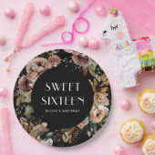Zwart & Bloem Sweet Sixteen | Elegante verjaardag Papieren Bordje (Feest)