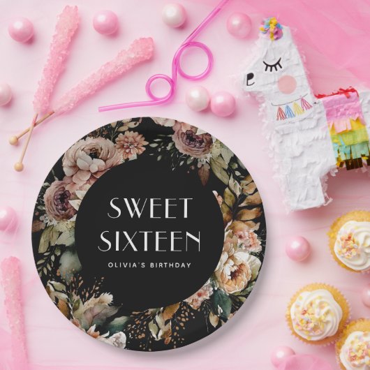 Zwart & Bloem Sweet Sixteen | Elegante verjaardag Papieren Bordje (Feest)