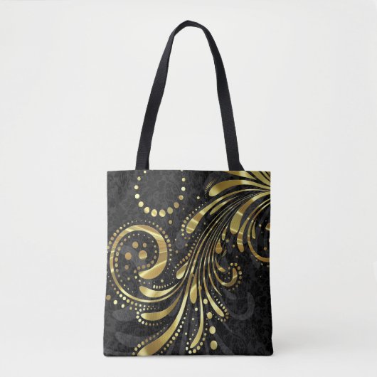Zwart bloemdamast en gouden werveling tote bag (Voorkant)