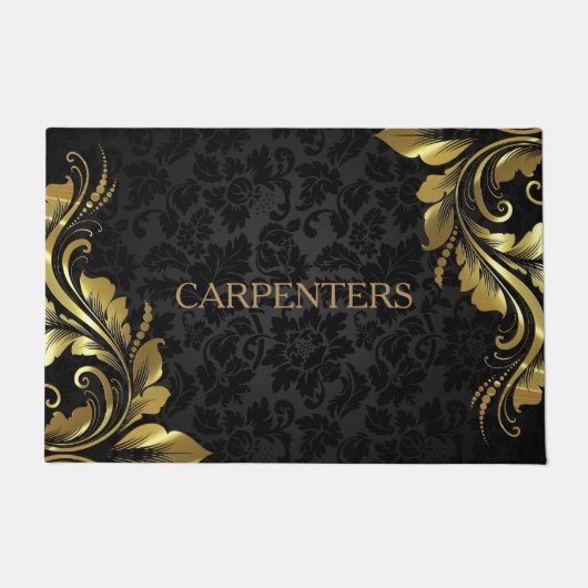Zwart bloemdamast en metallic gouden kant deurmat (Voorkant)