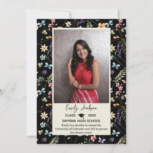 Zwart Bloemen 1 Foto Afstuderen Aankondiging Invit (Achterkant)