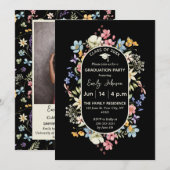 Zwart Bloemen 1 Foto Afstuderen Aankondiging Invit (Voorkant / Achterkant)
