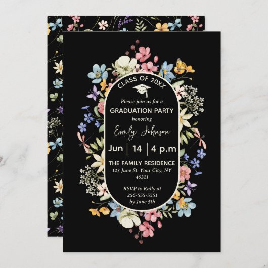 Zwart Bloemen 1 Foto Afstuderen Aankondiging Invit (Voorkant / Achterkant)
