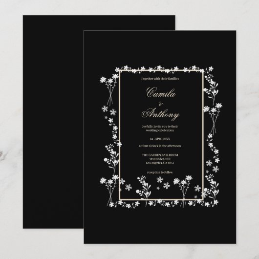 Zwart Bloemen Border Bruiloft Kaart (Voorkant / Achterkant)