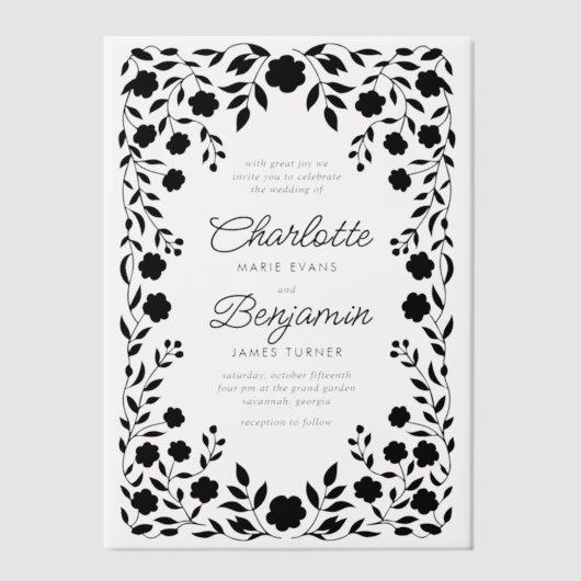 Zwart Bloemen Border Lijst bruiloft Vellum Uitnodigingen (Voorkant)