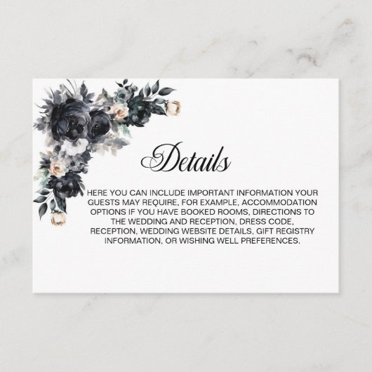 Zwart Bloemen bruiloft Details Informatiekaartje (Voorkant)