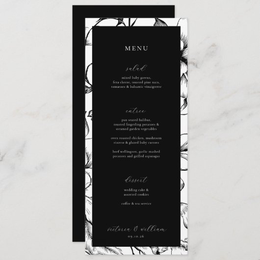 Zwart Bloemen Bruiloft Menu en dank u (Voorkant / Achterkant)