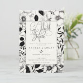 Zwart Bloemen bruiloft repetitie diner Kaart (Staand voorkant)