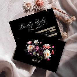 Zwart Bloemen Bruiloft RSVP Kaartje