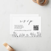 Zwart Bloemen Bruiloft RSVP | QR-code behuizing Ka Notitiekaartje (Voorkant / Achterkant in situ)