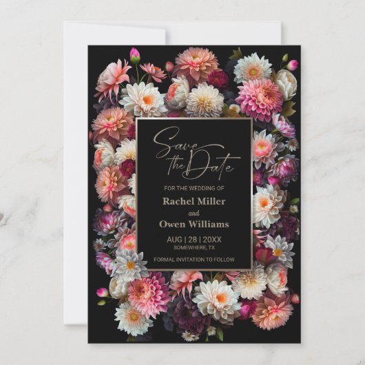 Zwart Bloemen Bruiloft Save the Date (Voorkant)