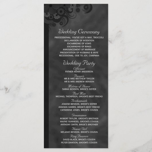 Zwart Bloemen Chalkboard Gothic Trouwprogramma's Programmakaart (Achterkant)