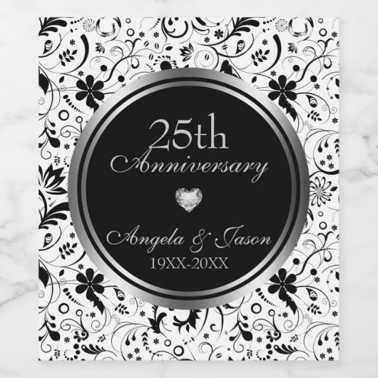 Zwart Bloemen Damask - 25e Jubileum Wijn Etiket (Enkel label)