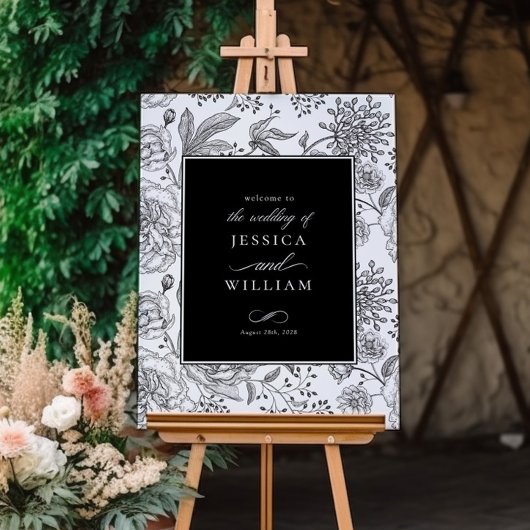 Zwart Bloemen Elegant Bruiloft Welkomstbord Poster