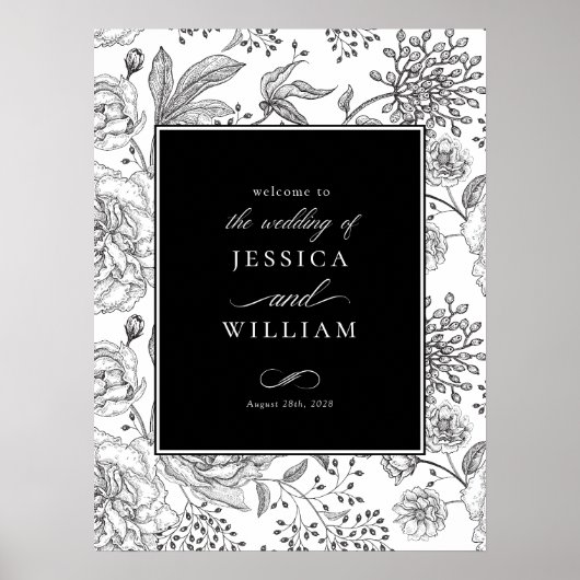 Zwart Bloemen Elegant Bruiloft Welkomstbord Poster (Voorkant)