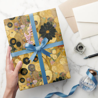 Zwart Bloemen en Goud Abstract | Klimtesk Cadeaupapier