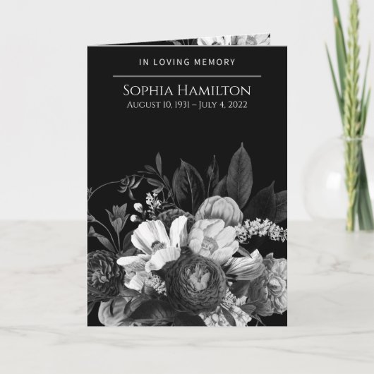 Zwart Bloemen Gevouwen Begrafenisherdenkingsprogra Programma (Voorkant)