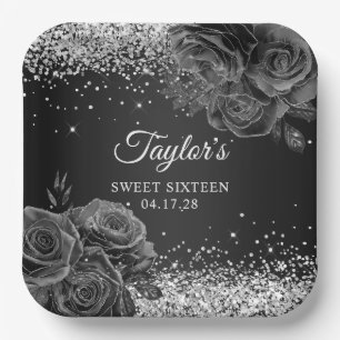 Zwart Bloemen Glam Zilver Glitter Zoet Zestien Papieren Bordje