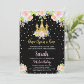 Zwart Bloemen Glitter Prinses Verjaardag Uitnodigi Kaart (Staand voorkant)