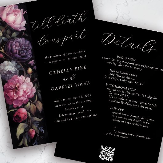 Zwart Bloemen Gotisch Alles in een QR Code Bruilof Kaart