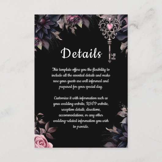 Zwart Bloemen Gotische bruiloft Details Informatiekaartje (Voorkant)