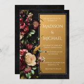 Zwart Bloemen Goud Moderne Bruiloft Kaart (Voorkant / Achterkant)