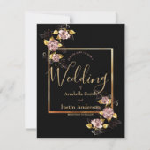 Zwart Bloemen Goud Script Elegante bruiloft Kaart (Voorkant)