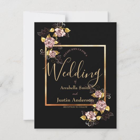 Zwart Bloemen Goud Script Elegante bruiloft Kaart (Voorkant)