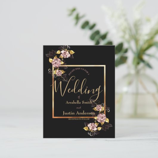 Zwart Bloemen Goud Script Elegante bruiloft Kaart (Staand voorkant)