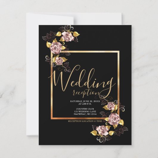 Zwart Bloemen Goud Script Elegante bruiloft Kaart (Achterkant)