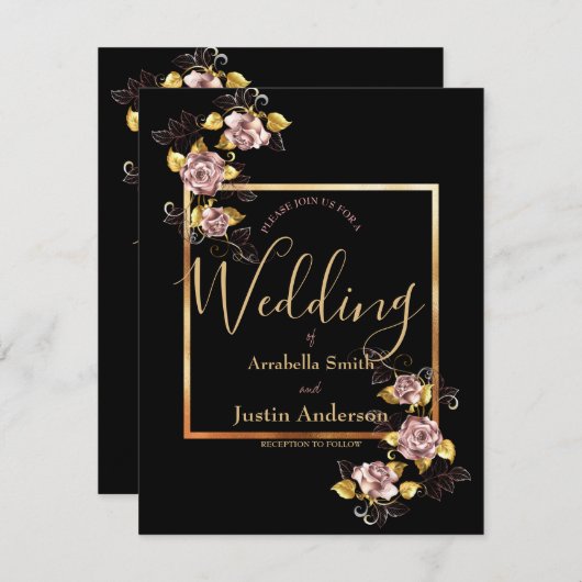 Zwart Bloemen Goud Script Elegante bruiloft Kaart (Voorkant / Achterkant)