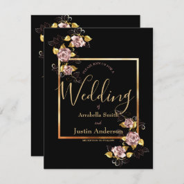 Zwart Bloemen Goud Script Elegante bruiloft Kaart