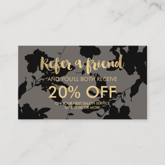 Zwart Bloemen Goud Tekst Grijs Salon Referral Kaar (Voorkant)