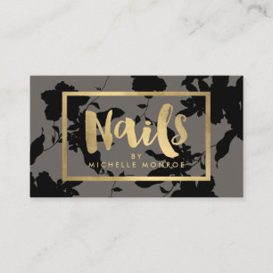 Zwart Bloemen Goud Tekst Nagelsalon Grijs Visitekaartje
