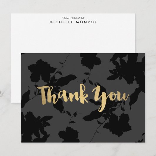 Zwart Bloemen Gouden Tekst Dank je kaart Notitiekaartje (Voorkant / Achterkant)
