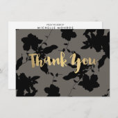Zwart Bloemen Gouden Tekst Grijs Dank u kaart (Voorkant / Achterkant)