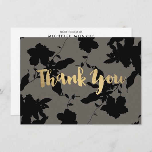 Zwart Bloemen Gouden Tekst Grijs Dank u kaart (Voorkant / Achterkant)