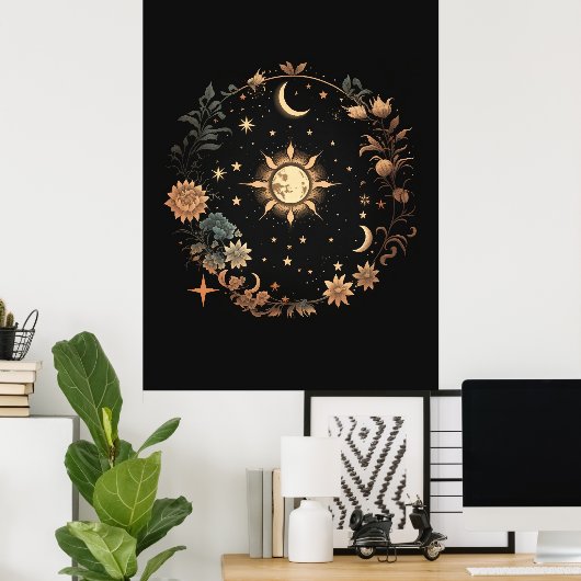 Zwart Bloemen Hemelse Boho Wall Art Poster (Thuiskantoor)
