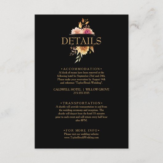 Zwart Bloemen Herfst Boho bruiloft Details Informatiekaartje (Voorkant)