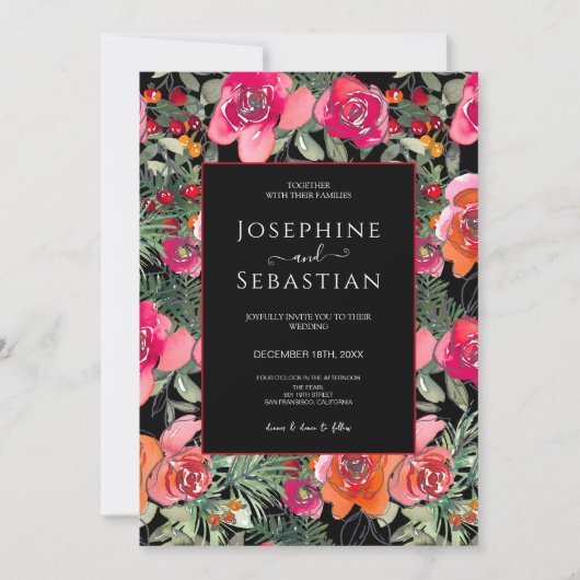 Zwart Bloemen Holly bessen Kerstmis bruiloft Kaart (Voorkant)