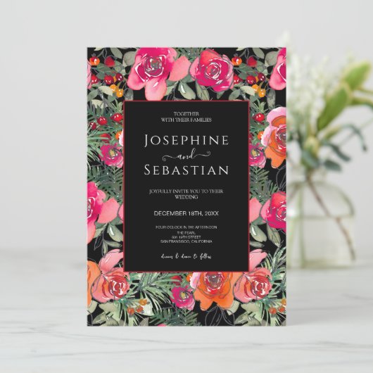 Zwart Bloemen Holly bessen Kerstmis bruiloft Kaart (Staand voorkant)