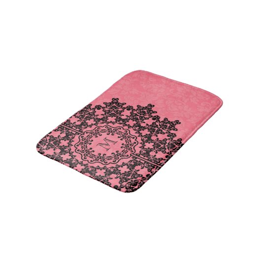 Zwart Bloemen Kant Roze Damasks Monogrammed Badmat (Gekanteld)