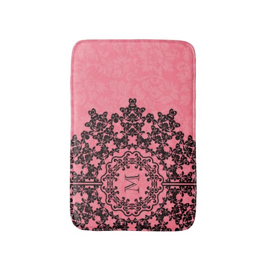 Zwart Bloemen Kant Roze Damasks Monogrammed Badmat (Voorkant Verticaal)
