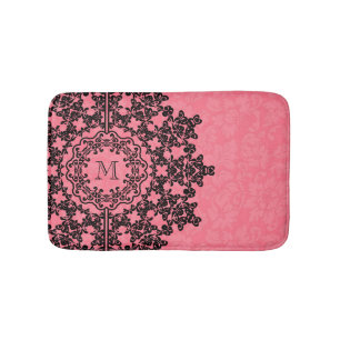 Zwart Bloemen Kant Roze Damasks Monogrammed Badmat
