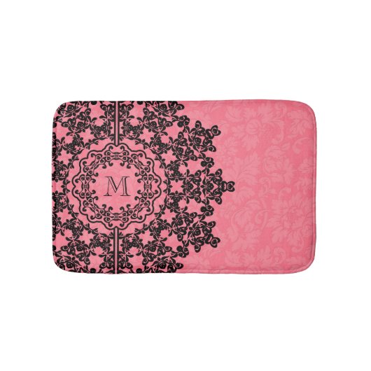 Zwart Bloemen Kant Roze Damasks Monogrammed Badmat (Voorkant)